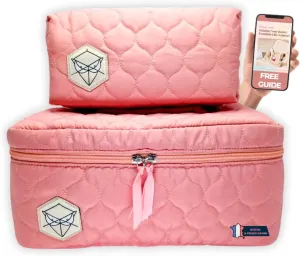 XL Quilted Makeup Bag Set of 2 - Extra Large Makeup Bag   Toiletry Bag for Women, Waterproof & Lightweight Cotton with Multiple Compartments, Perfect for Travel, Premium Stitching (Pink)