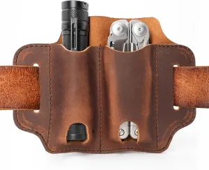 XXL EDC Leather Sheath for Leatherman Multitools, Belt Sheath Pocket Organizer for 5 inch Knives Tactical Flashlights Tools, Chestnut