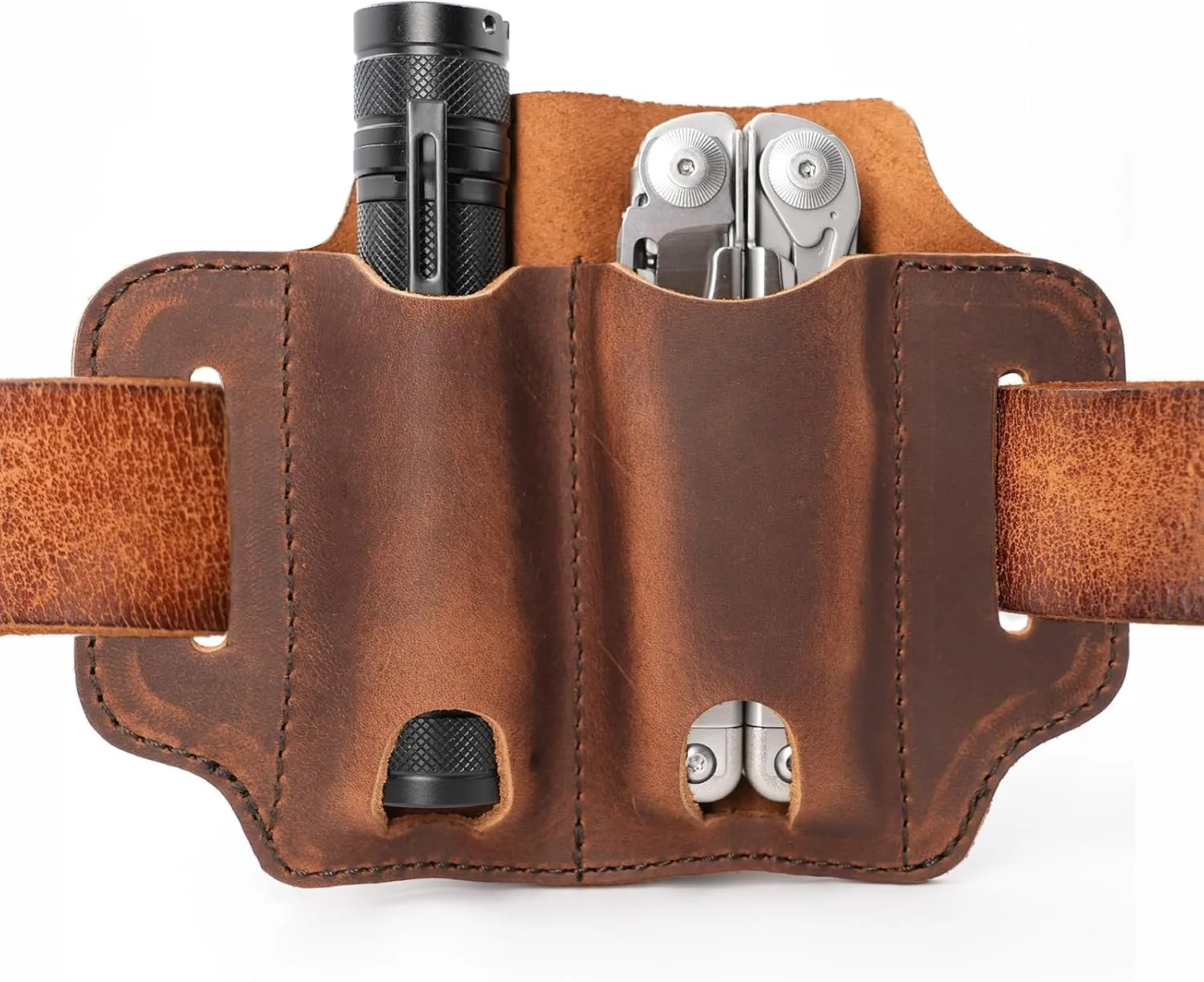 XXL EDC Leather Sheath for Leatherman Multitools, Belt Sheath Pocket Organizer for 5 inch Knives Tactical Flashlights Tools, Chestnut