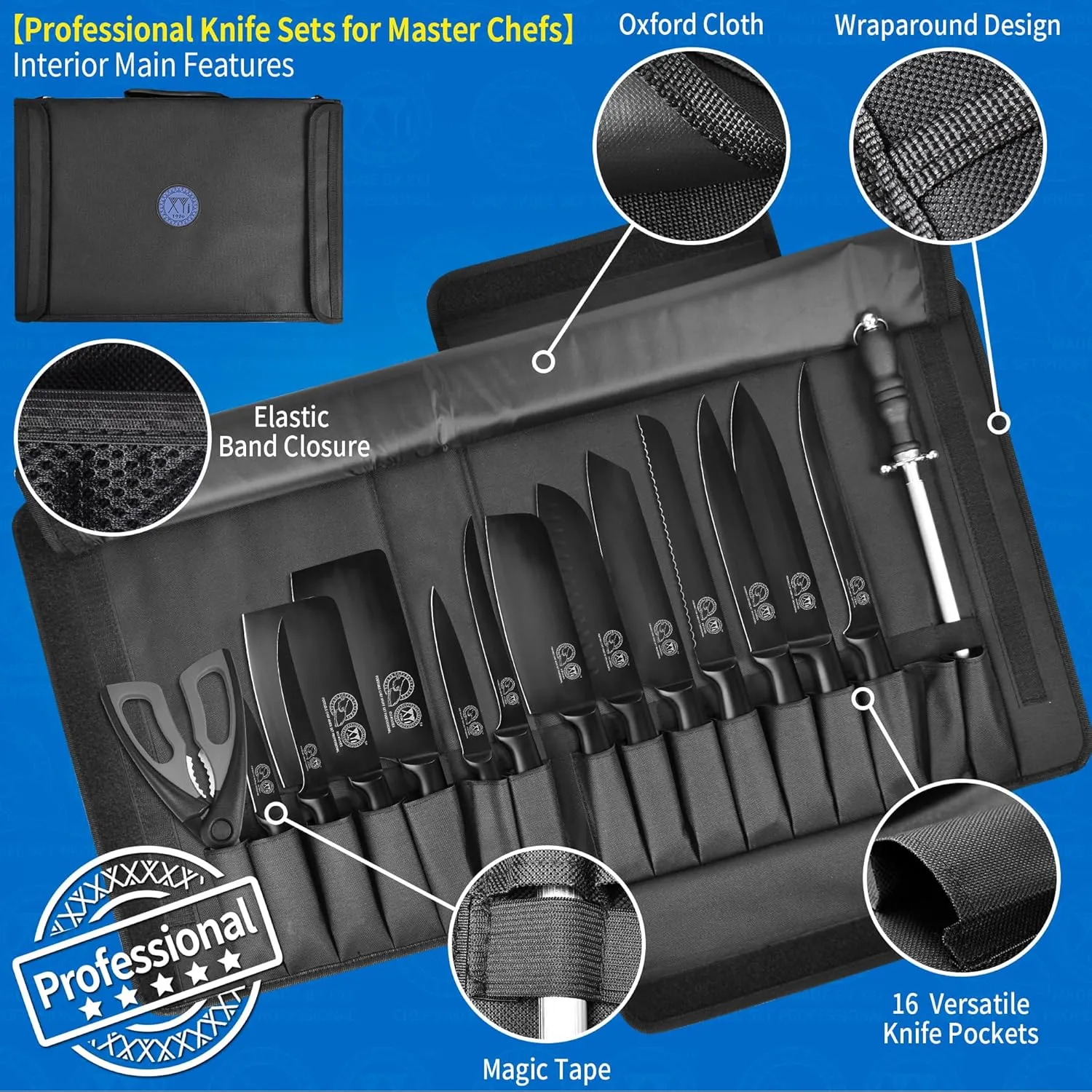 XYJ Knives,Professional Knife Sets for Master Chefs,Meat Cleaver Butcher for Camping,Chef Knife Set with Bag,Birthday Gifts for Women Men Presents (Full Black)
