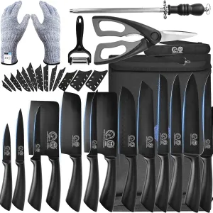 XYJ Knives,Professional Knife Sets for Master Chefs,Meat Cleaver Butcher for Camping,Chef Knife Set with Bag,Birthday Gifts for Women Men Presents (Full Black)