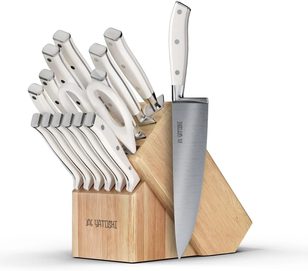 Yatoshi 15 Piece White Knife Block Set - Pro Kitchen Knife Set Ultra Sharp High Carbon Stainless Steel with Ergonomic Handle