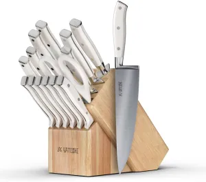 Yatoshi 15 Piece White Knife Block Set - Pro Kitchen Knife Set Ultra Sharp High Carbon Stainless Steel with Ergonomic Handle