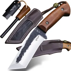 Yellow pear wood handle 5mm 9CR18MOV steel (9.8IN) full Tang forged fixed knife   sheath & (5.9IN) iron ceric igniter, suitable for outdoor camping, tactical survival, EDC, hunting knife