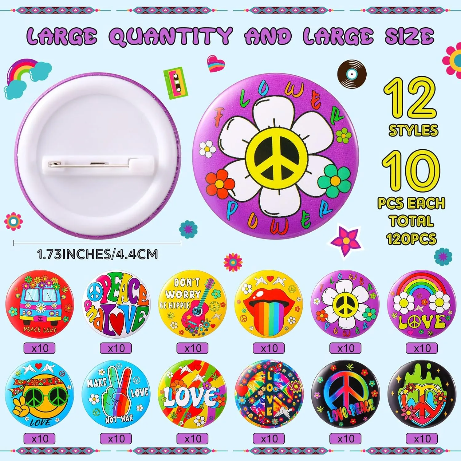 Yinkin 1.7 in 60's Hippie Button Pins Bulk 60's Retro Buttons Pins for Hippie Costume Party Favors Accessories, 12 Styles