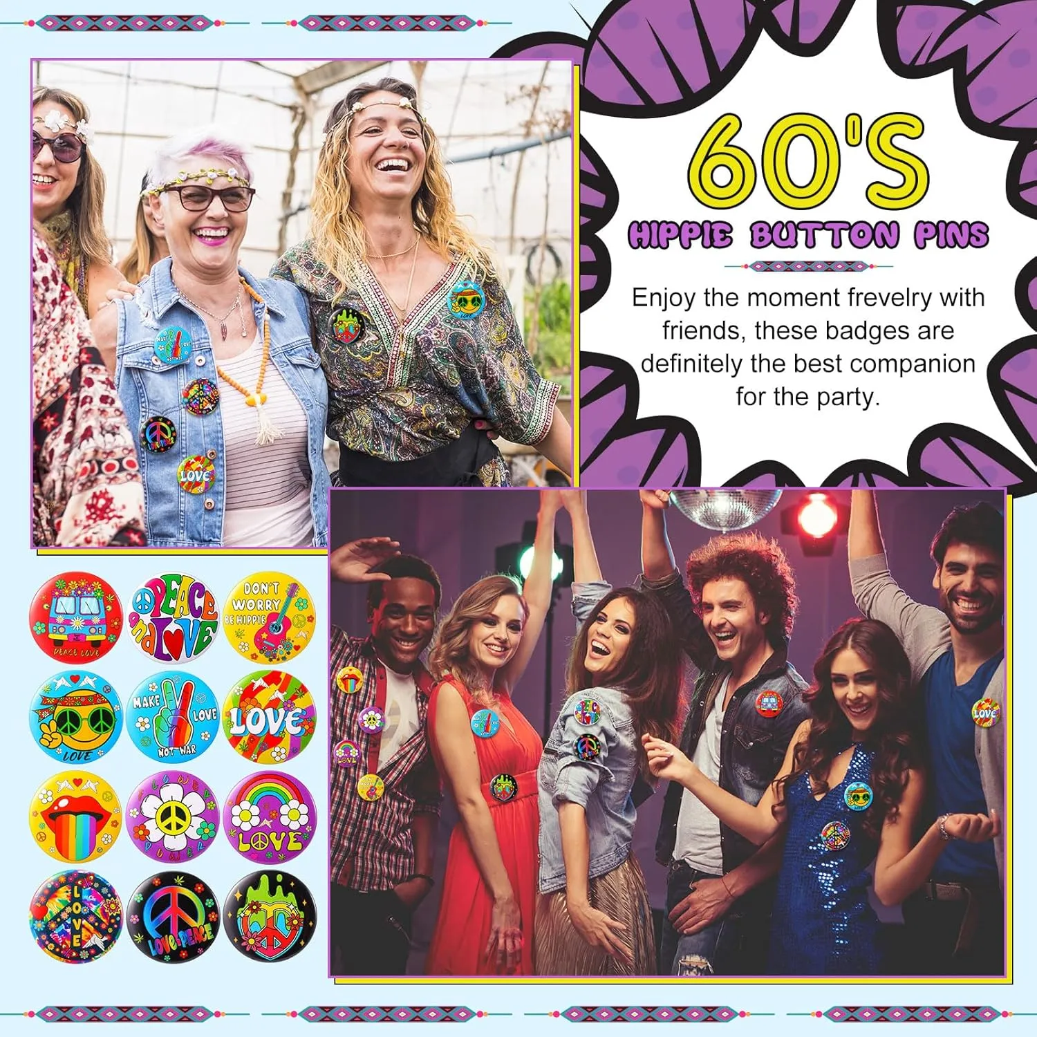 Yinkin 1.7 in 60's Hippie Button Pins Bulk 60's Retro Buttons Pins for Hippie Costume Party Favors Accessories, 12 Styles
