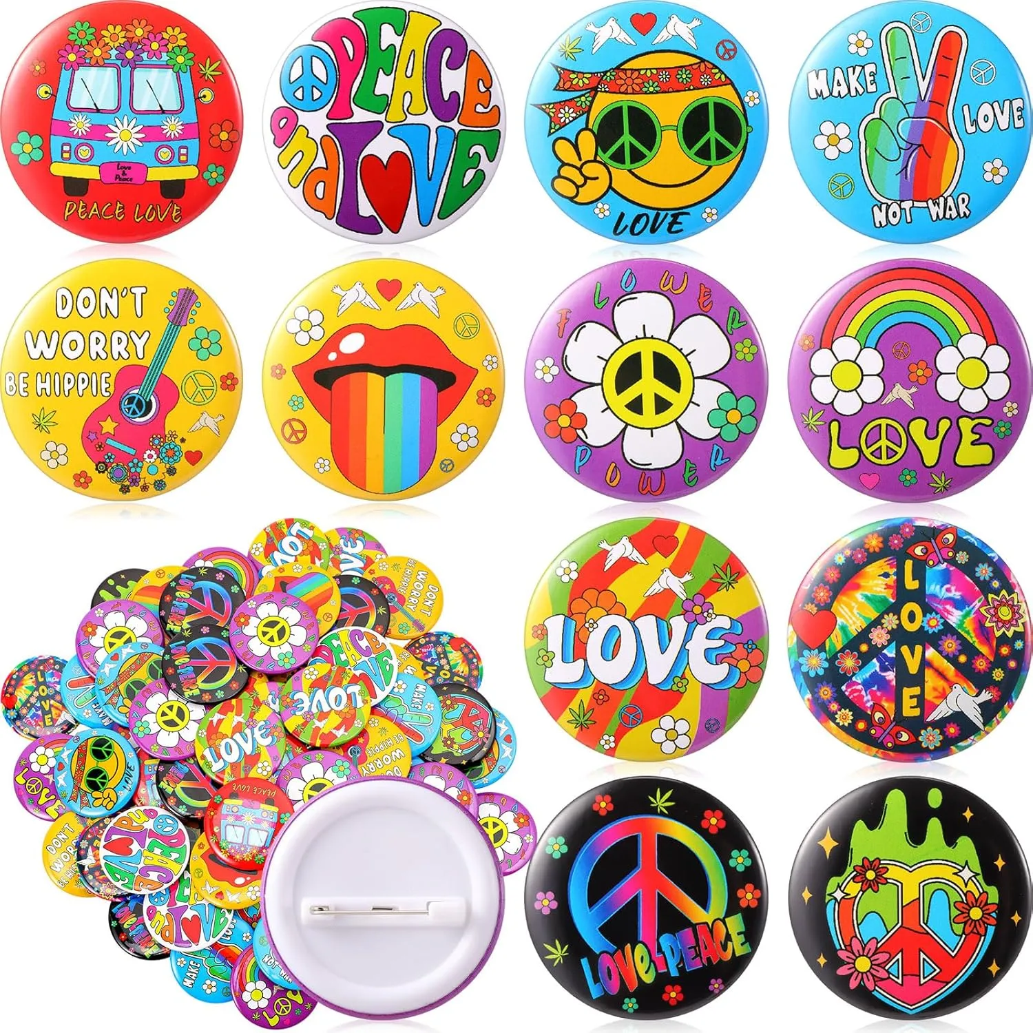 Yinkin 1.7 in 60's Hippie Button Pins Bulk 60's Retro Buttons Pins for Hippie Costume Party Favors Accessories, 12 Styles