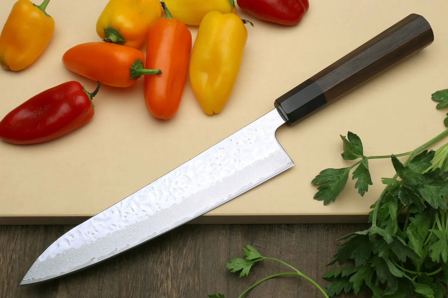 Yoshihiro Inox Stain-resistant Aus-10 Hammered Damascus Stainless Steel Ice Hardened Gyuto Chef Knife Shitan Handle