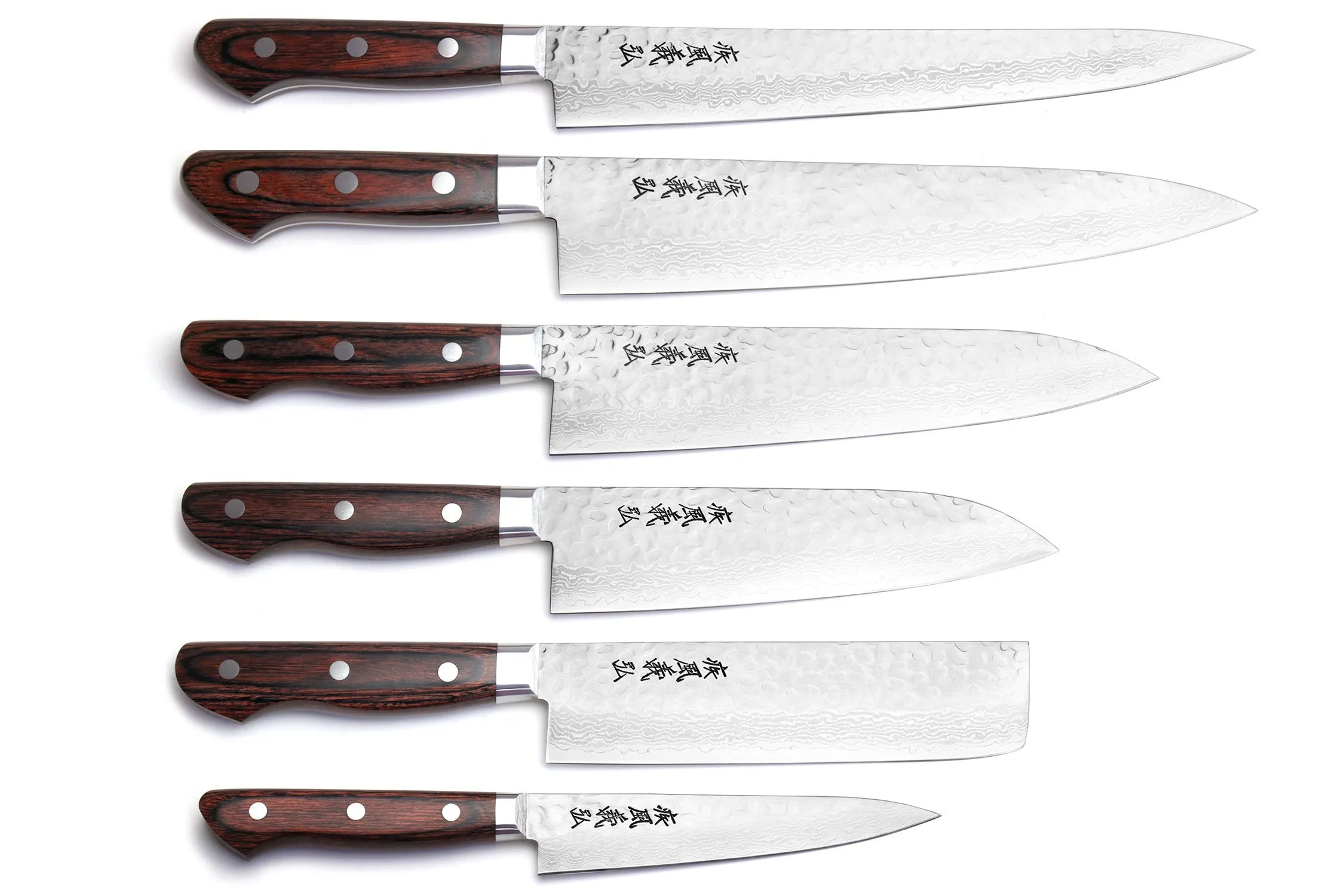Yoshihiro VG-10 16 Layer Damascus Knife 6PC Set (2 Gyuto, Petty, Sujihiki, Santoku, Nakiri)