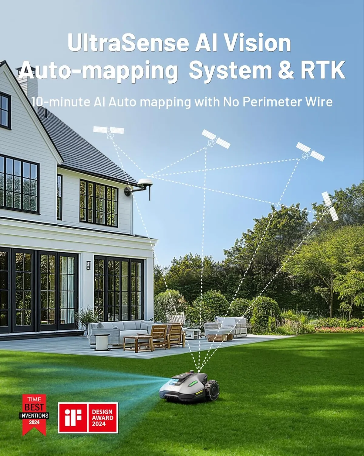 YUKA Mini 500H Robotic Lawn Mower Reception 0.12 Acre, Max. 0.17 Acre, Ultrasense AI Vision  RTK Positioning, Auto Mapping, App Control, 50% Slope, Cutting Height 2''~3.5'', 15 Mowing Zones