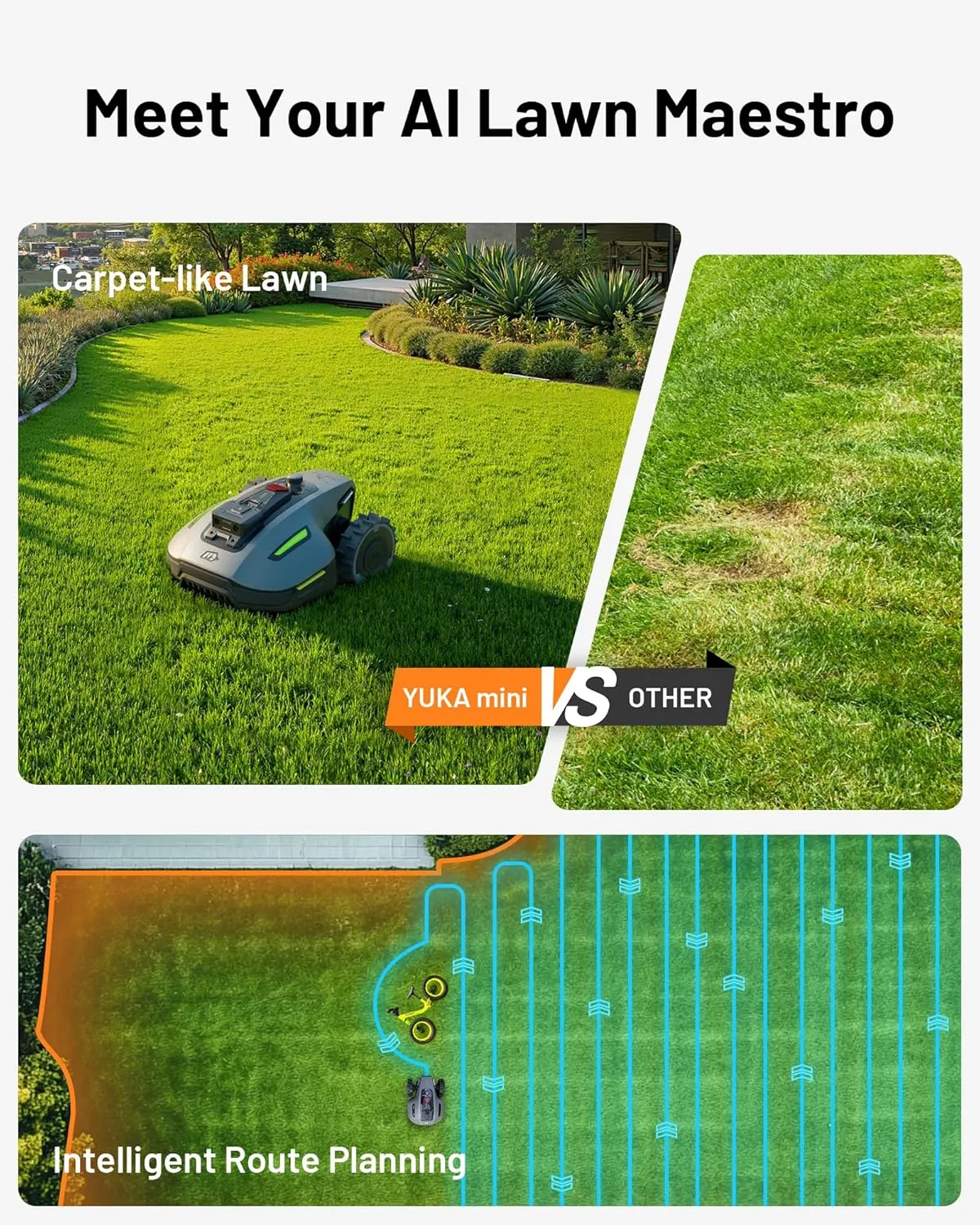 YUKA Mini 500H Robotic Lawn Mower Reception 0.12 Acre, Max. 0.17 Acre, Ultrasense AI Vision  RTK Positioning, Auto Mapping, App Control, 50% Slope, Cutting Height 2''~3.5'', 15 Mowing Zones