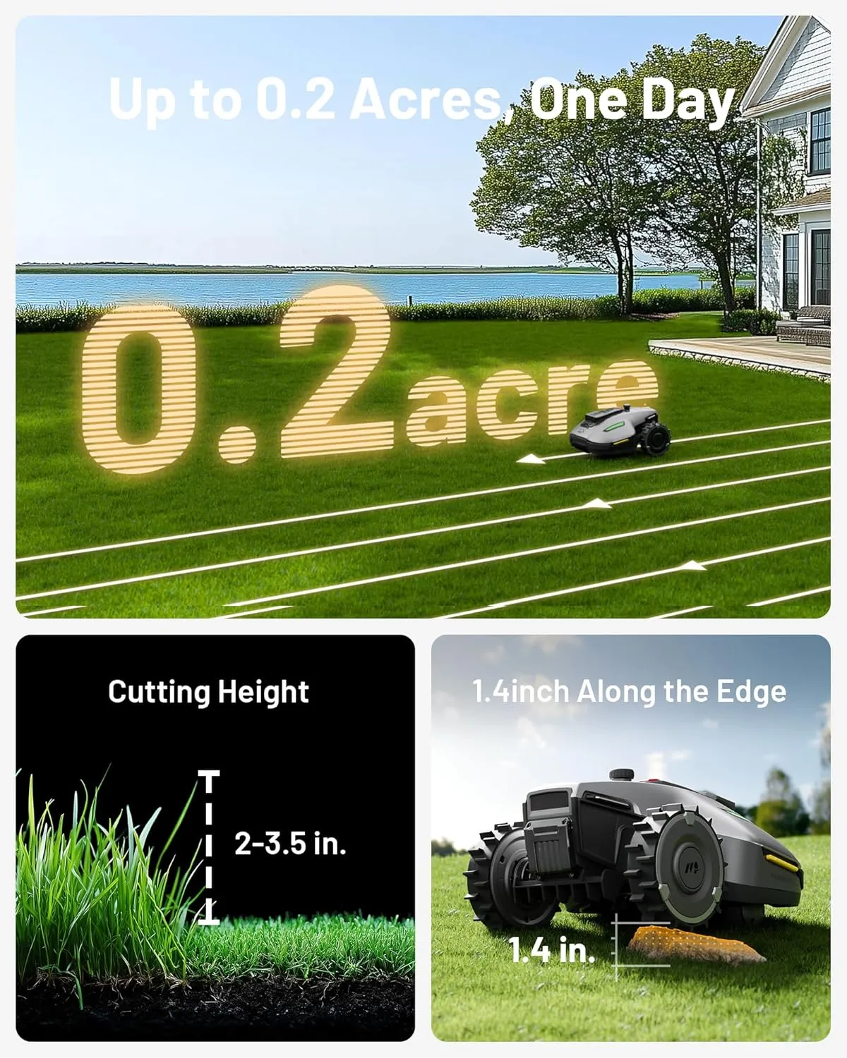 YUKA Mini 500H Robotic Lawn Mower Reception 0.12 Acre, Max. 0.17 Acre, Ultrasense AI Vision  RTK Positioning, Auto Mapping, App Control, 50% Slope, Cutting Height 2''~3.5'', 15 Mowing Zones