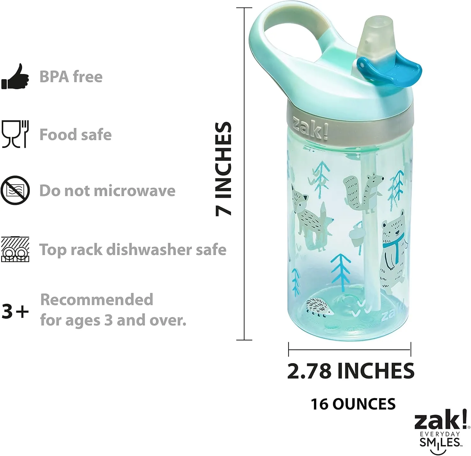 Zak Designs 5-Piece Dinnerware Set, Forest Friends - Durable Plastic & Stainless Steel - Includes Water Bottle, 8-Inch Plate, 6-Inch Bowl, Fork & Spoon - Suitable for Kids Ages 3 
