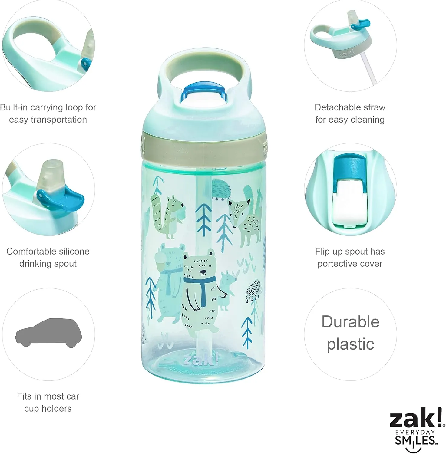 Zak Designs 5-Piece Dinnerware Set, Forest Friends - Durable Plastic & Stainless Steel - Includes Water Bottle, 8-Inch Plate, 6-Inch Bowl, Fork & Spoon - Suitable for Kids Ages 3 