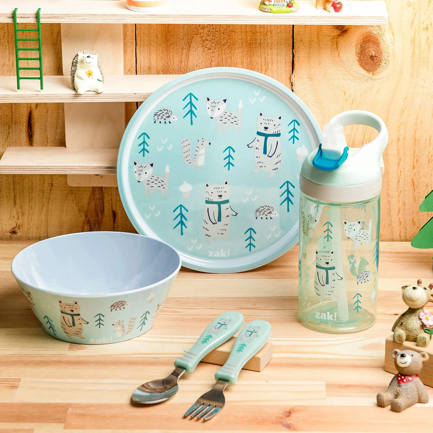 Zak Designs 5-Piece Dinnerware Set, Forest Friends - Durable Plastic & Stainless Steel - Includes Water Bottle, 8-Inch Plate, 6-Inch Bowl, Fork & Spoon - Suitable for Kids Ages 3 