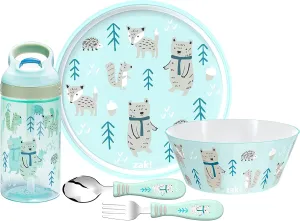 Zak Designs 5-Piece Dinnerware Set, Forest Friends - Durable Plastic & Stainless Steel - Includes Water Bottle, 8-Inch Plate, 6-Inch Bowl, Fork & Spoon - Suitable for Kids Ages 3 