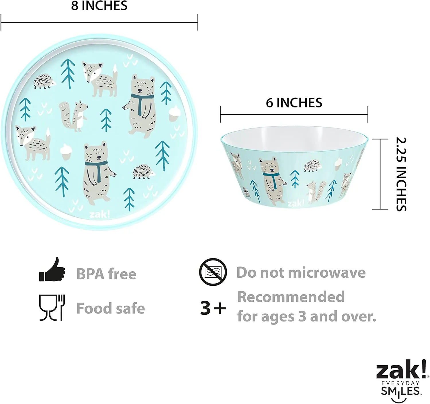 Zak Designs 5-Piece Dinnerware Set, Forest Friends - Durable Plastic & Stainless Steel - Includes Water Bottle, 8-Inch Plate, 6-Inch Bowl, Fork & Spoon - Suitable for Kids Ages 3 