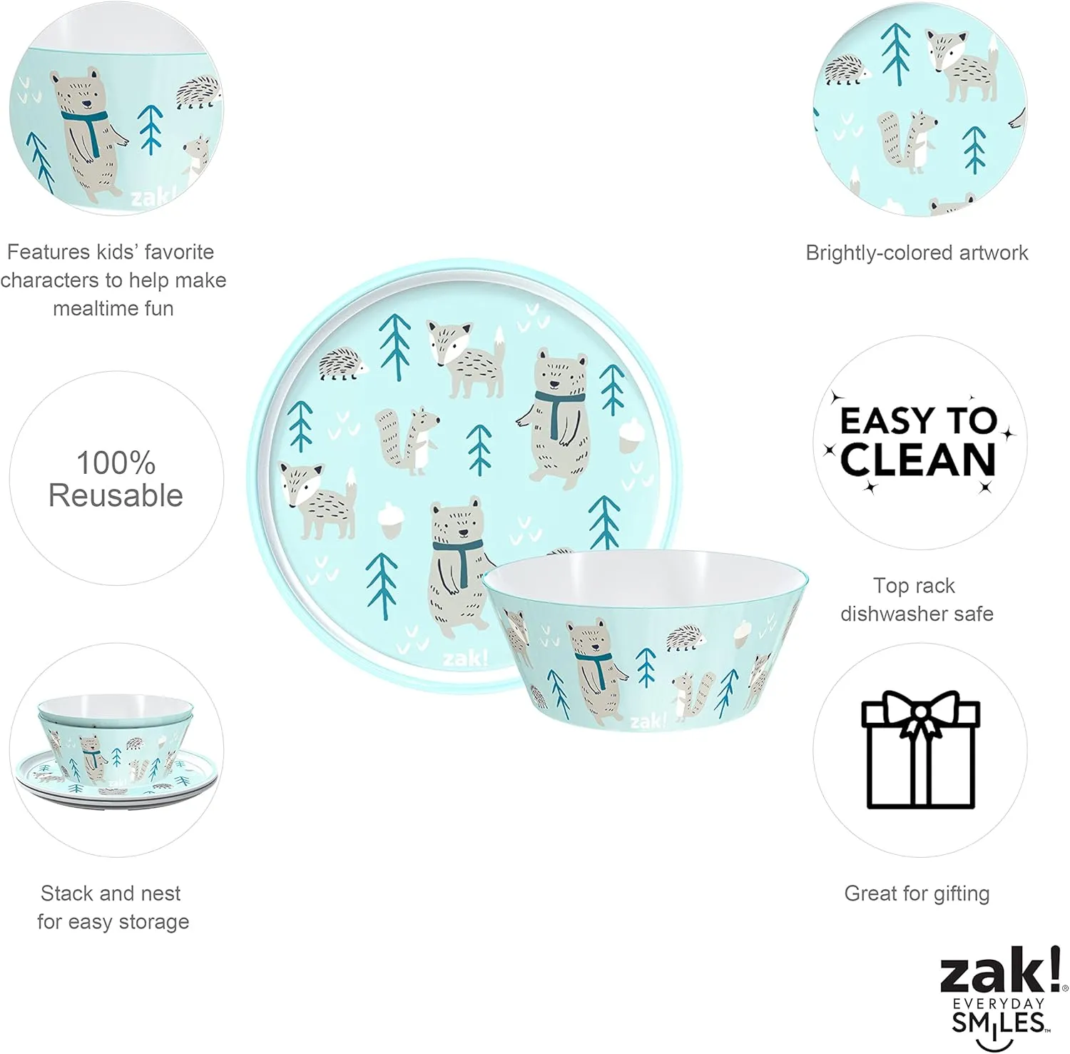 Zak Designs 5-Piece Dinnerware Set, Forest Friends - Durable Plastic & Stainless Steel - Includes Water Bottle, 8-Inch Plate, 6-Inch Bowl, Fork & Spoon - Suitable for Kids Ages 3 
