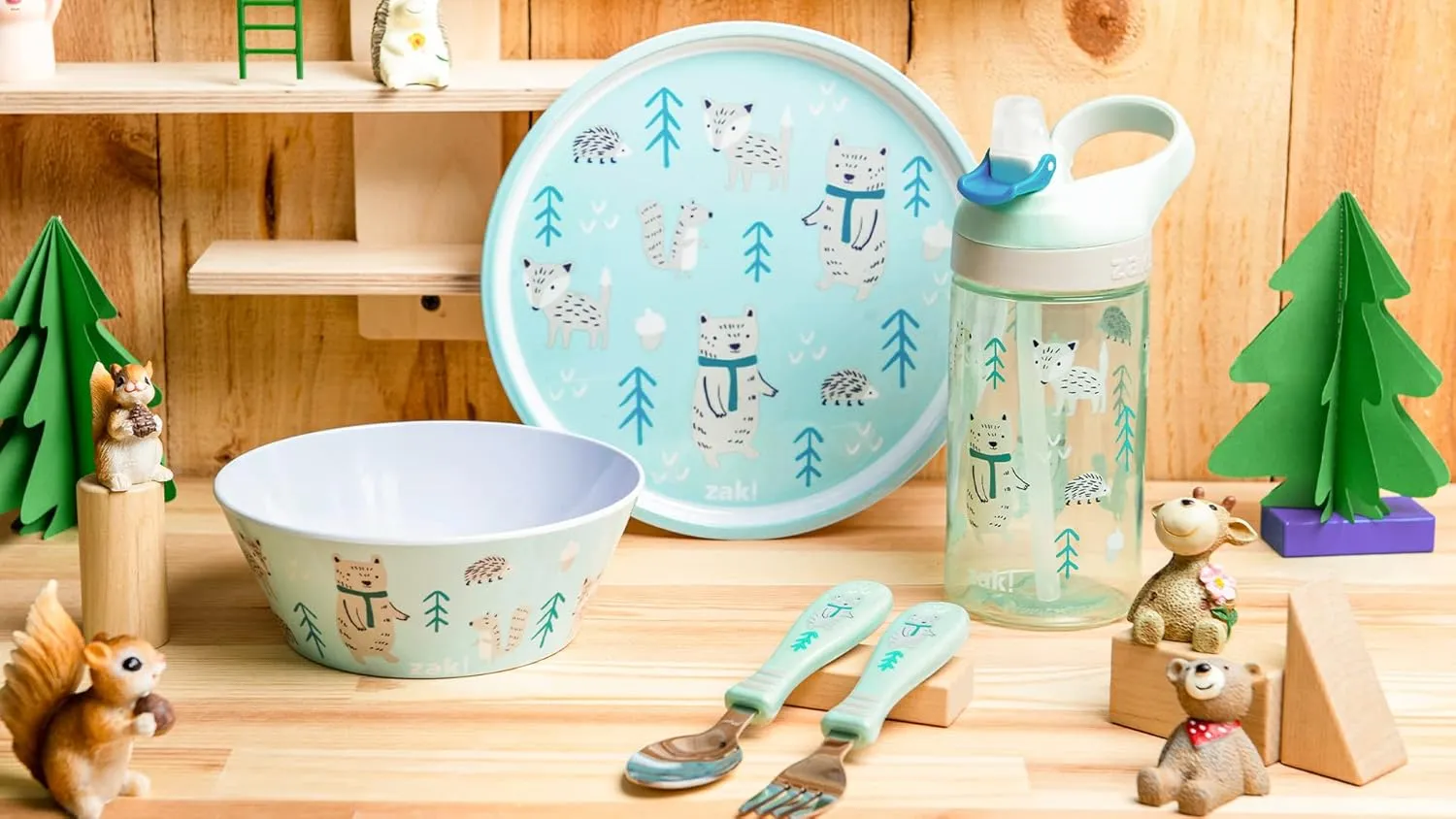 Zak Designs 5-Piece Dinnerware Set, Forest Friends - Durable Plastic & Stainless Steel - Includes Water Bottle, 8-Inch Plate, 6-Inch Bowl, Fork & Spoon - Suitable for Kids Ages 3 