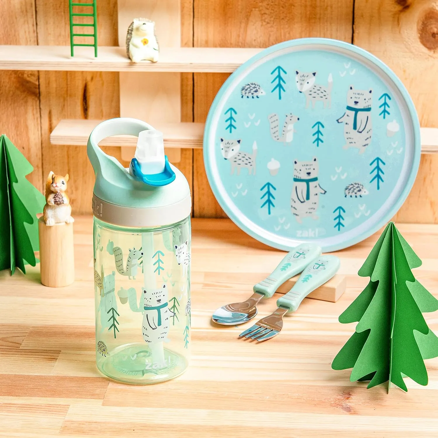 Zak Designs 5-Piece Dinnerware Set, Forest Friends - Durable Plastic & Stainless Steel - Includes Water Bottle, 8-Inch Plate, 6-Inch Bowl, Fork & Spoon - Suitable for Kids Ages 3 