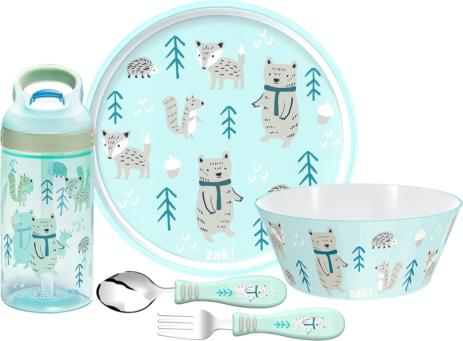 Zak Designs 5-Piece Dinnerware Set, Forest Friends - Durable Plastic & Stainless Steel - Includes Water Bottle, 8-Inch Plate, 6-Inch Bowl, Fork & Spoon - Suitable for Kids Ages 3 