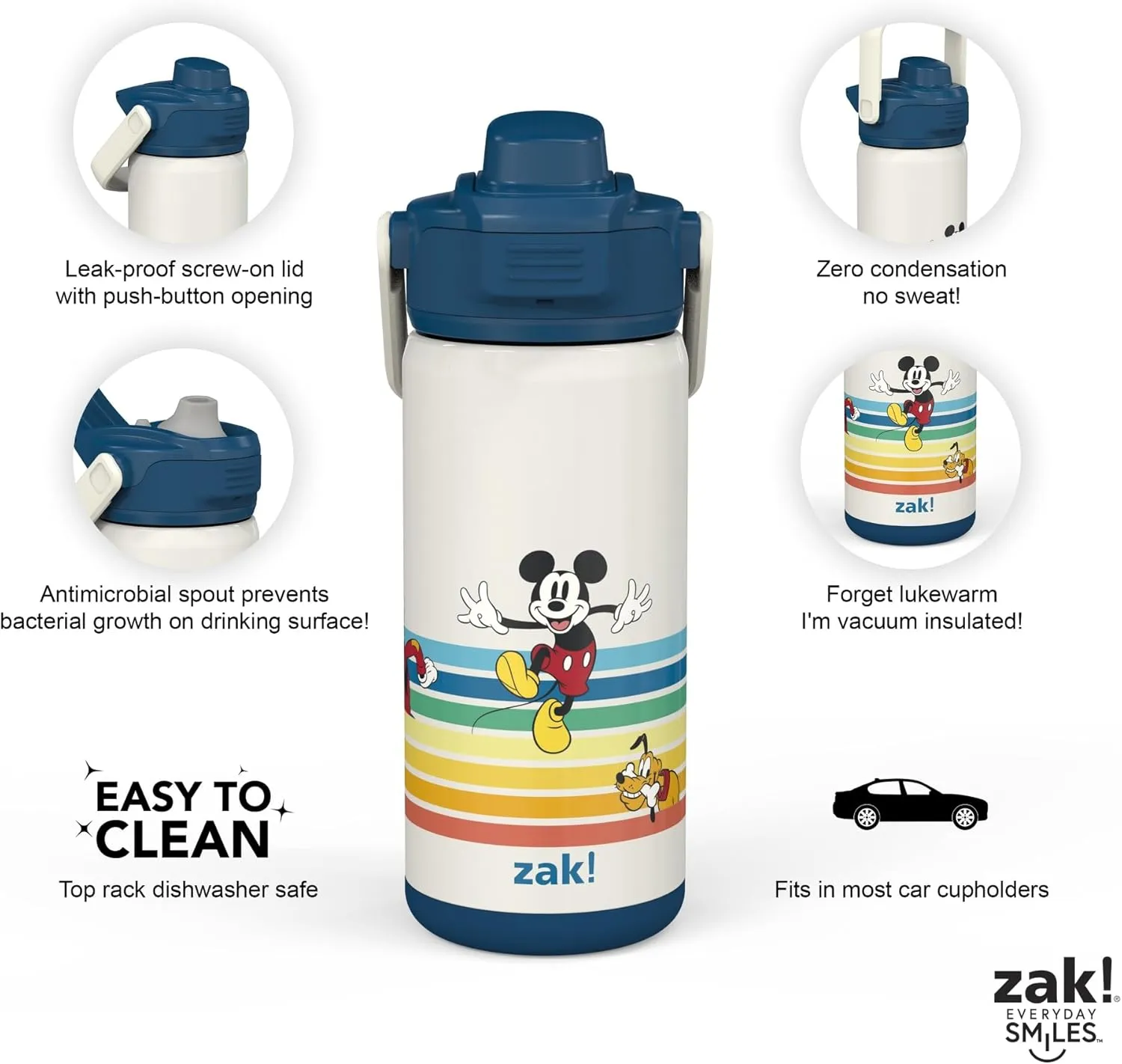 Zak Designs Beacon Insulated Bottle, Disney Mickey Mouse - 14 oz - Durable Stainless Steel - Double-Wall Vacuum Insulation, Silicone Spout & Push-Button, Leak-Proof Lid - Dishwasher Safe