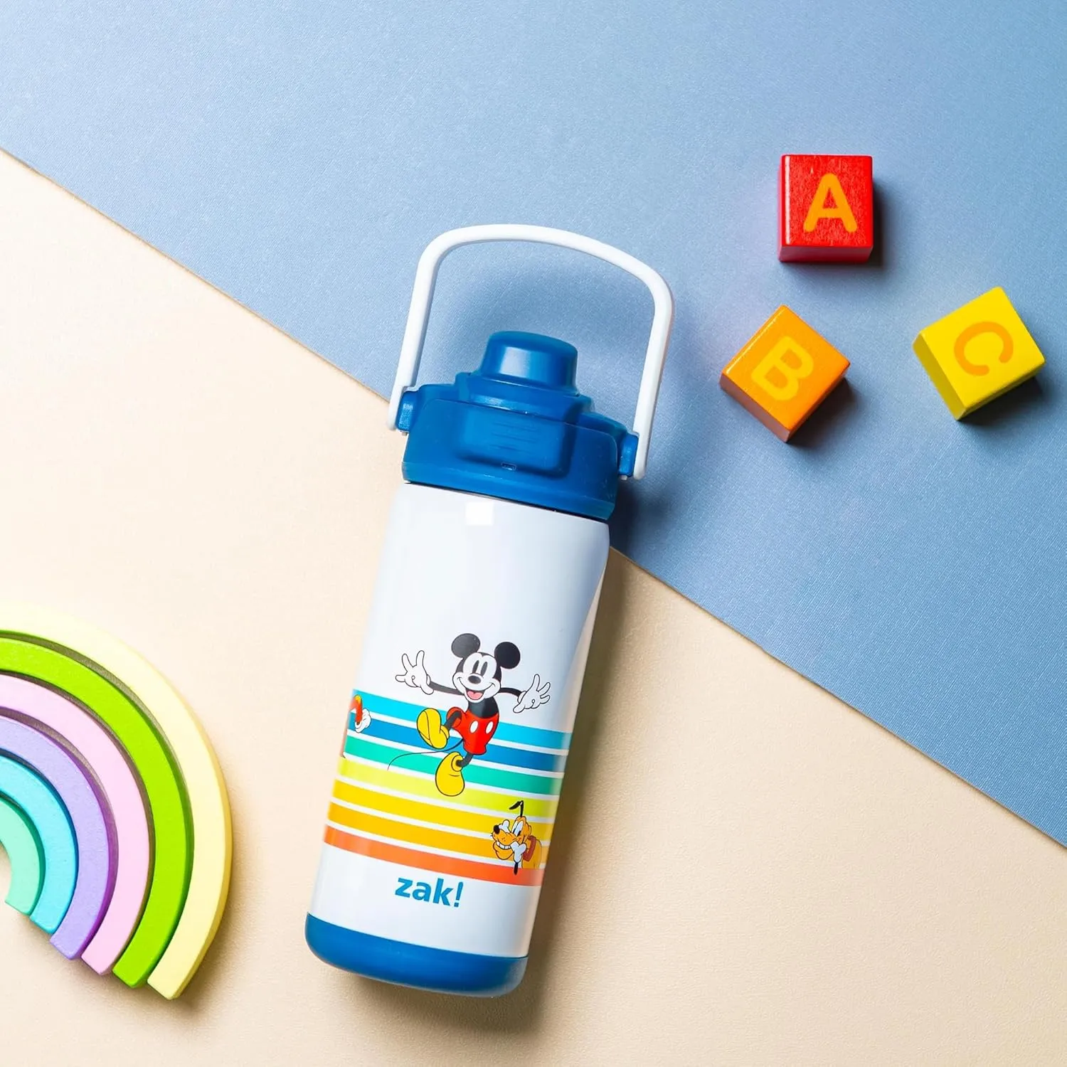 Zak Designs Beacon Insulated Bottle, Disney Mickey Mouse - 14 oz - Durable Stainless Steel - Double-Wall Vacuum Insulation, Silicone Spout & Push-Button, Leak-Proof Lid - Dishwasher Safe