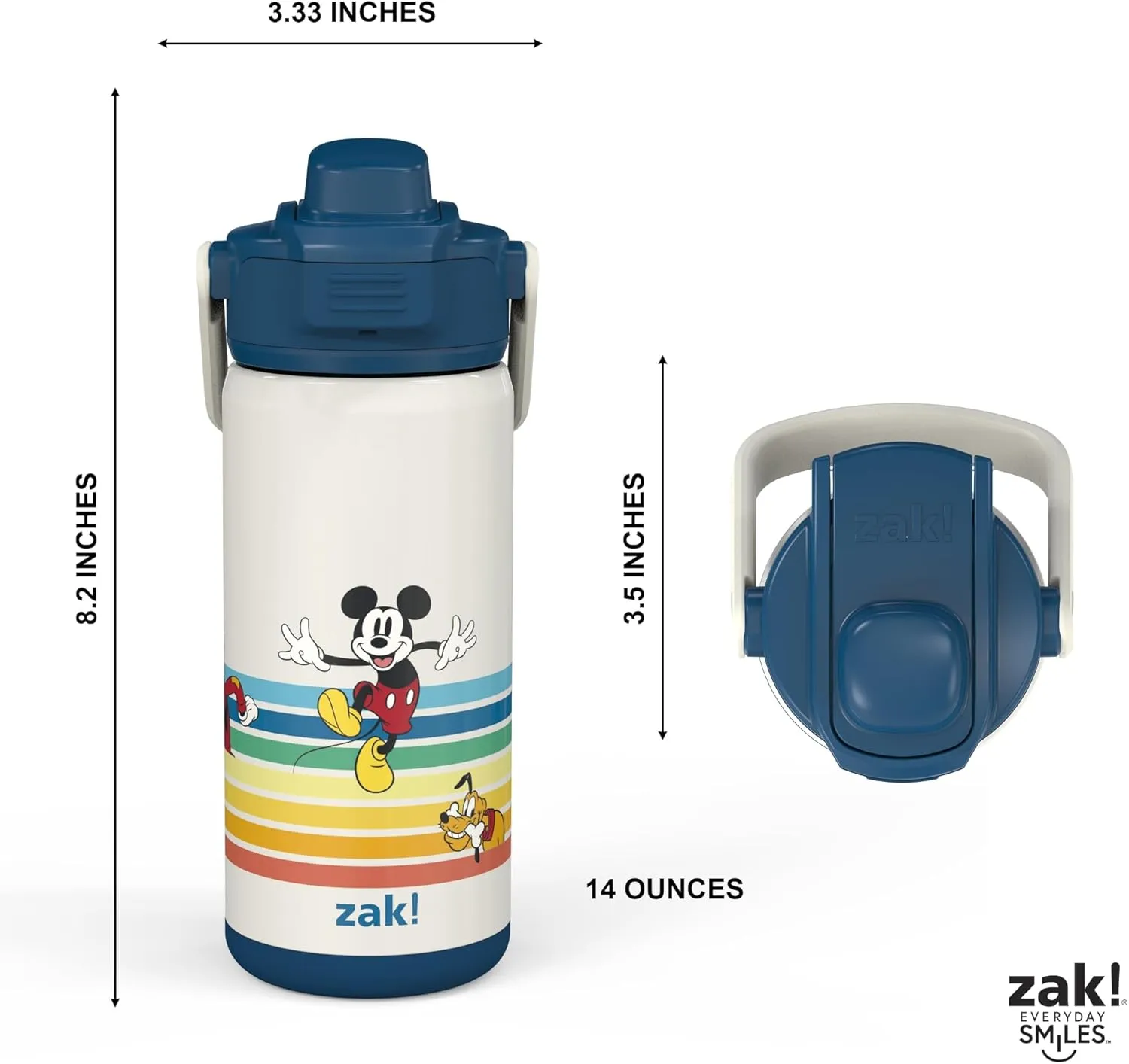 Zak Designs Beacon Insulated Bottle, Disney Mickey Mouse - 14 oz - Durable Stainless Steel - Double-Wall Vacuum Insulation, Silicone Spout & Push-Button, Leak-Proof Lid - Dishwasher Safe