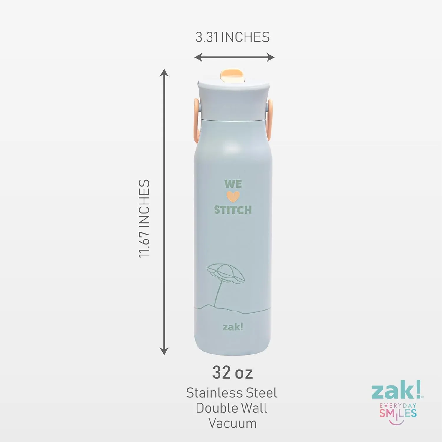 Zak Designs Disney Lilo & Stitch Harmony Water Bottle for Travel or At Home, 32oz Stainless Steel is Leak-Proof When Closed and Vacuum Insulated with Straw Lid, Carry Handle, and 3D Artwork