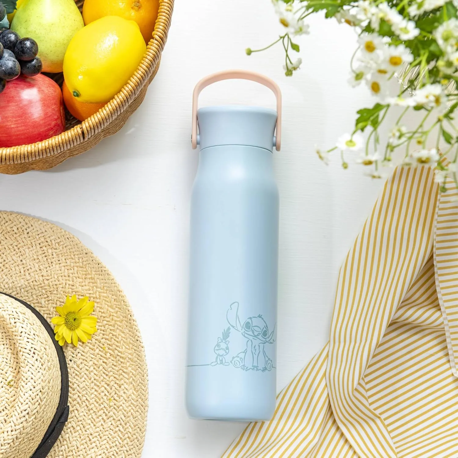 Zak Designs Disney Lilo & Stitch Harmony Water Bottle for Travel or At Home, 32oz Stainless Steel is Leak-Proof When Closed and Vacuum Insulated with Straw Lid, Carry Handle, and 3D Artwork