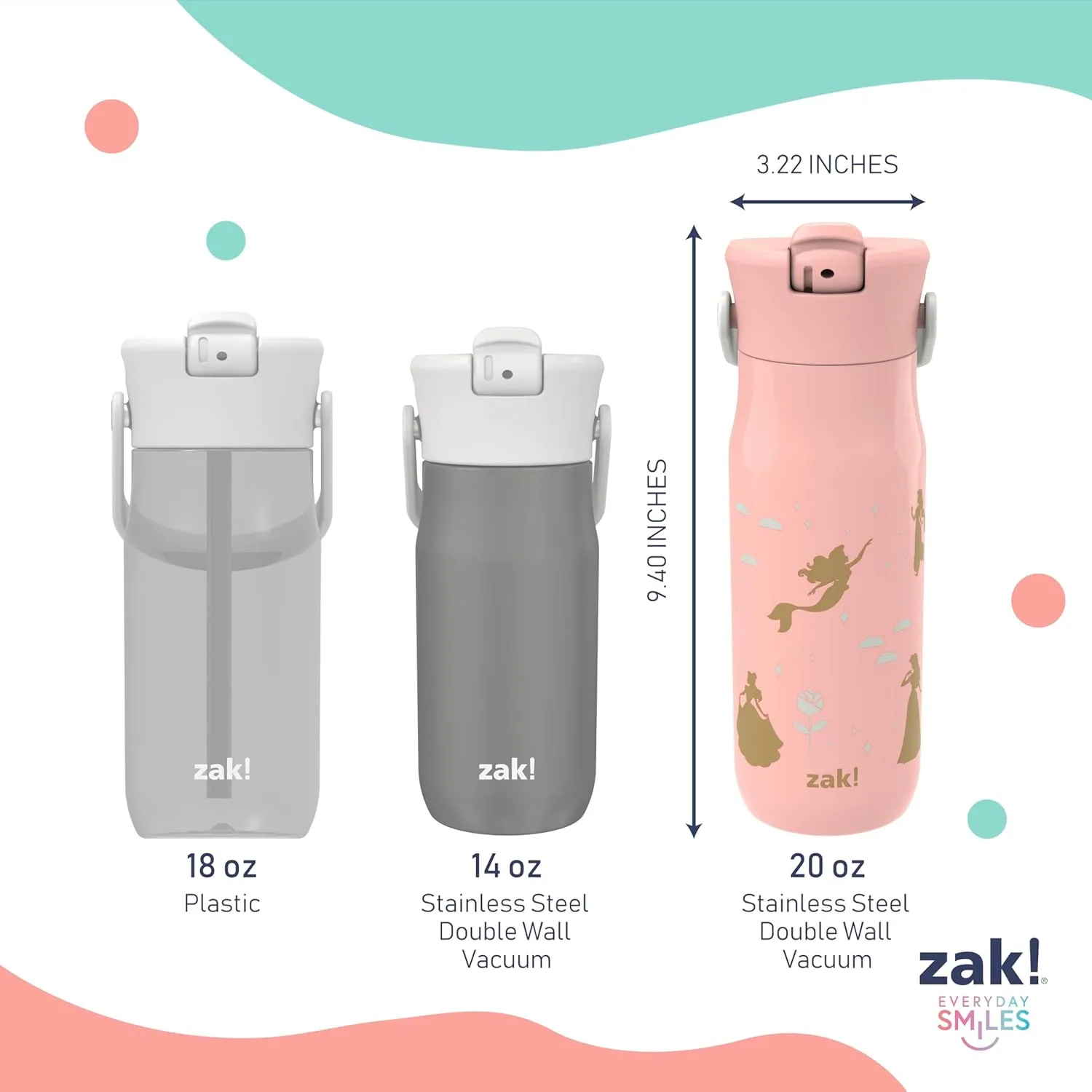 Zak Designs Harmony Disney Princess Water Bottle for Travel or At Home, 20oz Stainless Steel with Straw Lid and Vacuum Insulation (Ariel, Aurora, Belle, Cinderella, Jasmine, Moana, Rapunzel, Tiana)