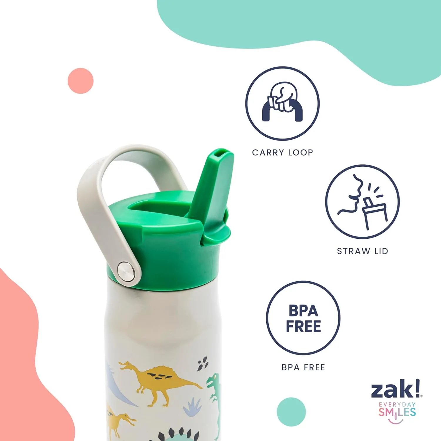Zak Designs Harmony Kid Water Bottle for Travel or At Home, 14oz Stainless Steel is Leak-Proof and Vacuum Insulated (Dinosaur)