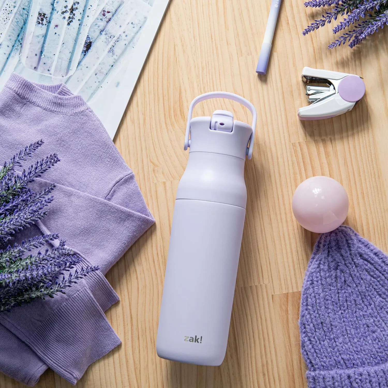 Zak Designs Harmony Water Bottle for Travel or At Home, 32oz Recycled Stainless Steel is Leak-Proof When Closed and Vacuum Insulated with Straw Lid and Carry Handle (Smoky Lilac Purple)