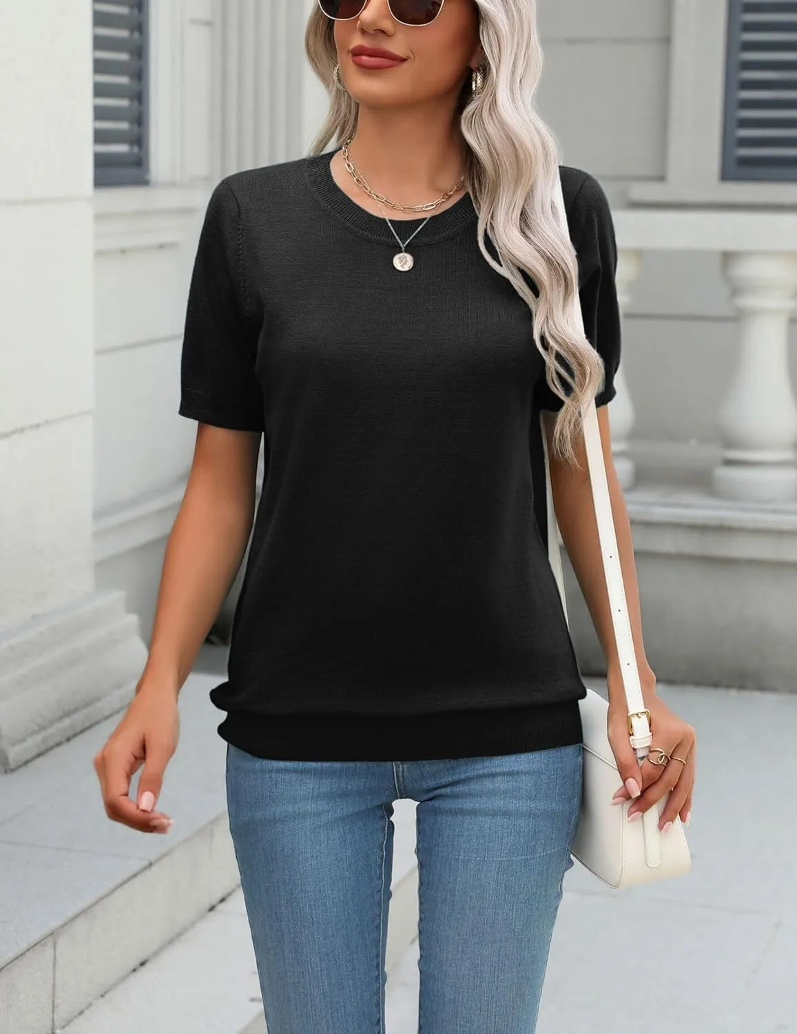 Zeagoo Womens Summer Short Sleeve Tops Crew Neck Lightweight Pullover Sweaters Loose Dressy Casual Blouse Basic Clothes