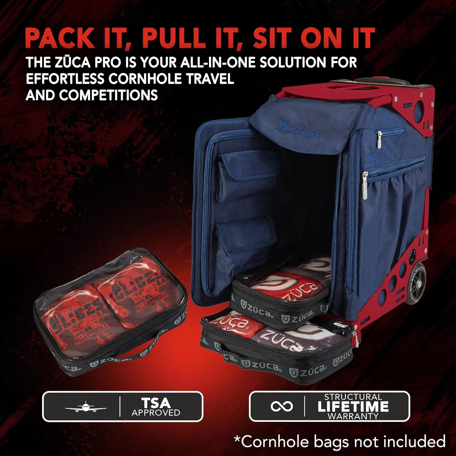 ZUCA Cornhole Pro Bag & Frame - Lightweight Suitcase Carry Luggage, FAA-Compliant Aluminum Frame with Telescoping Handle, Shock-Absorbing Wheels & Water-Resistant Insert Bag, 300 lbs Capacity