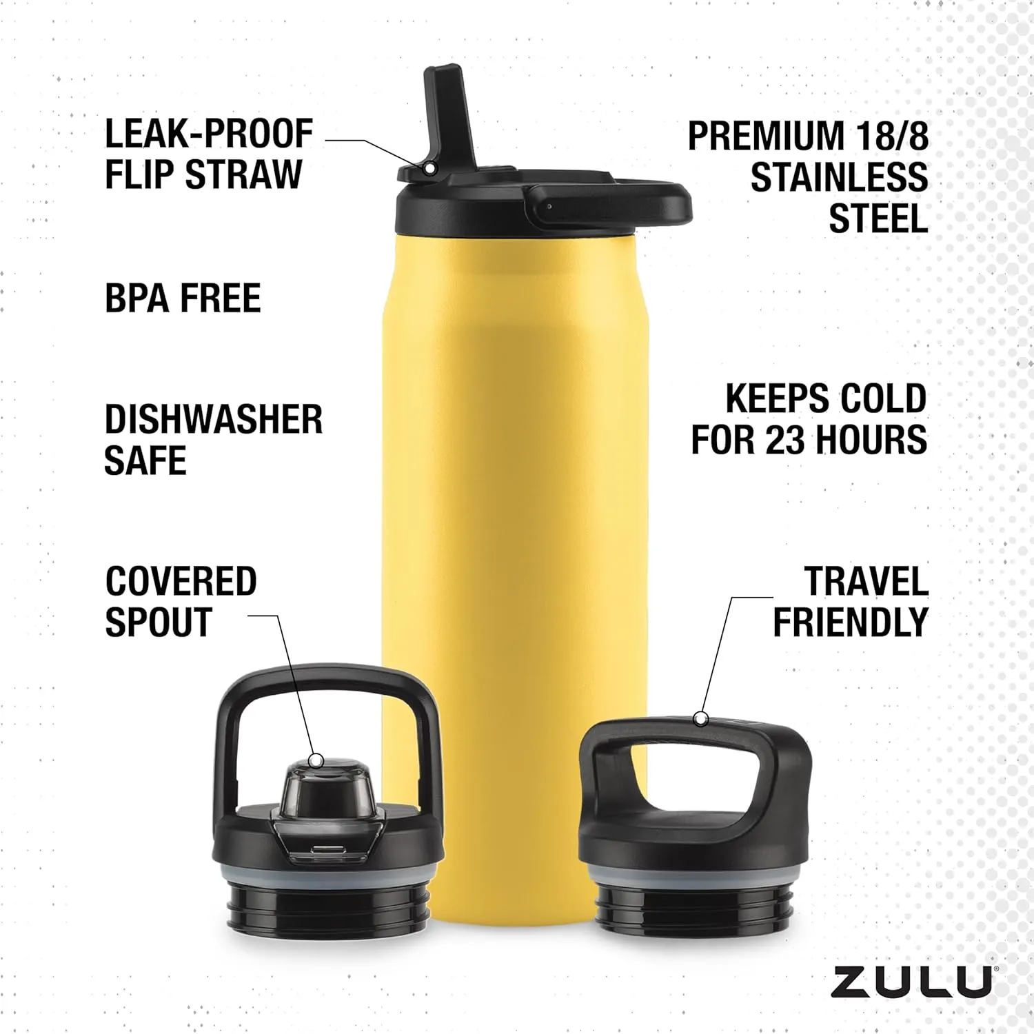 ZULU Base 32oz Stainless Steel Water Bottle with 3 Lids- Straw, Chug, Twist | Double Walled and Vacuum Insulated Metal Thermos | For Gym, Outdoor | Built in Carry Loop, Dishwasher Safe, Vitamin C