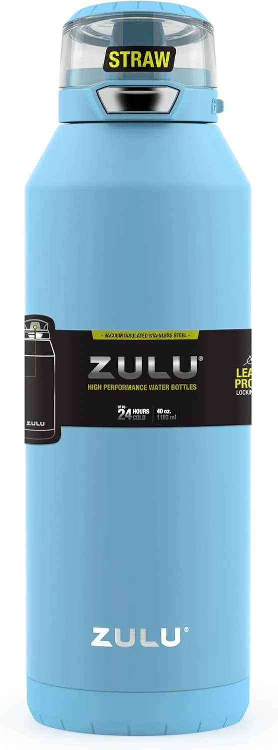 ZULU Swift Stainless Steel Vacuum Insulated Water Bottle with Covered Silicone Straw, 40oz (Ice Blue)