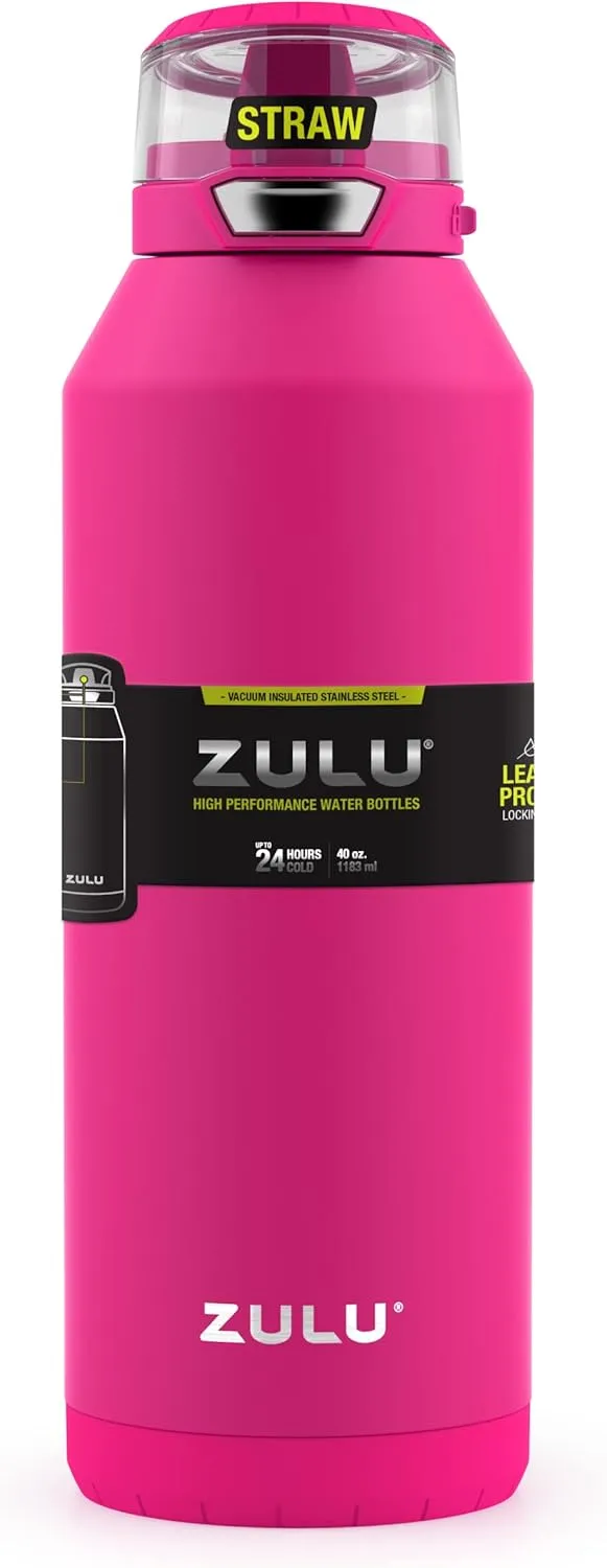 ZULU Swift Stainless Steel Vacuum Insulated Water Bottle with Covered Silicone Straw, 40oz (Tulip)